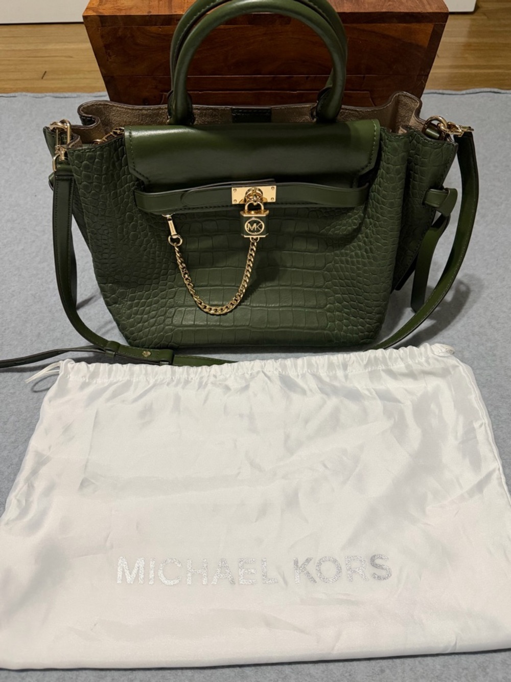 Michael Kors Hamilton Legacy Large Green Croc-Embossed Satchel Tote Bag Purse - Picture 2 of 13